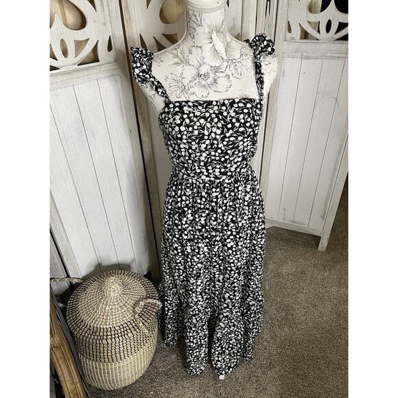 RIXO Target Black White Floral Ruffle Tie Back Maxi Dress Womens Size 2 XS - Picture 1 of 9